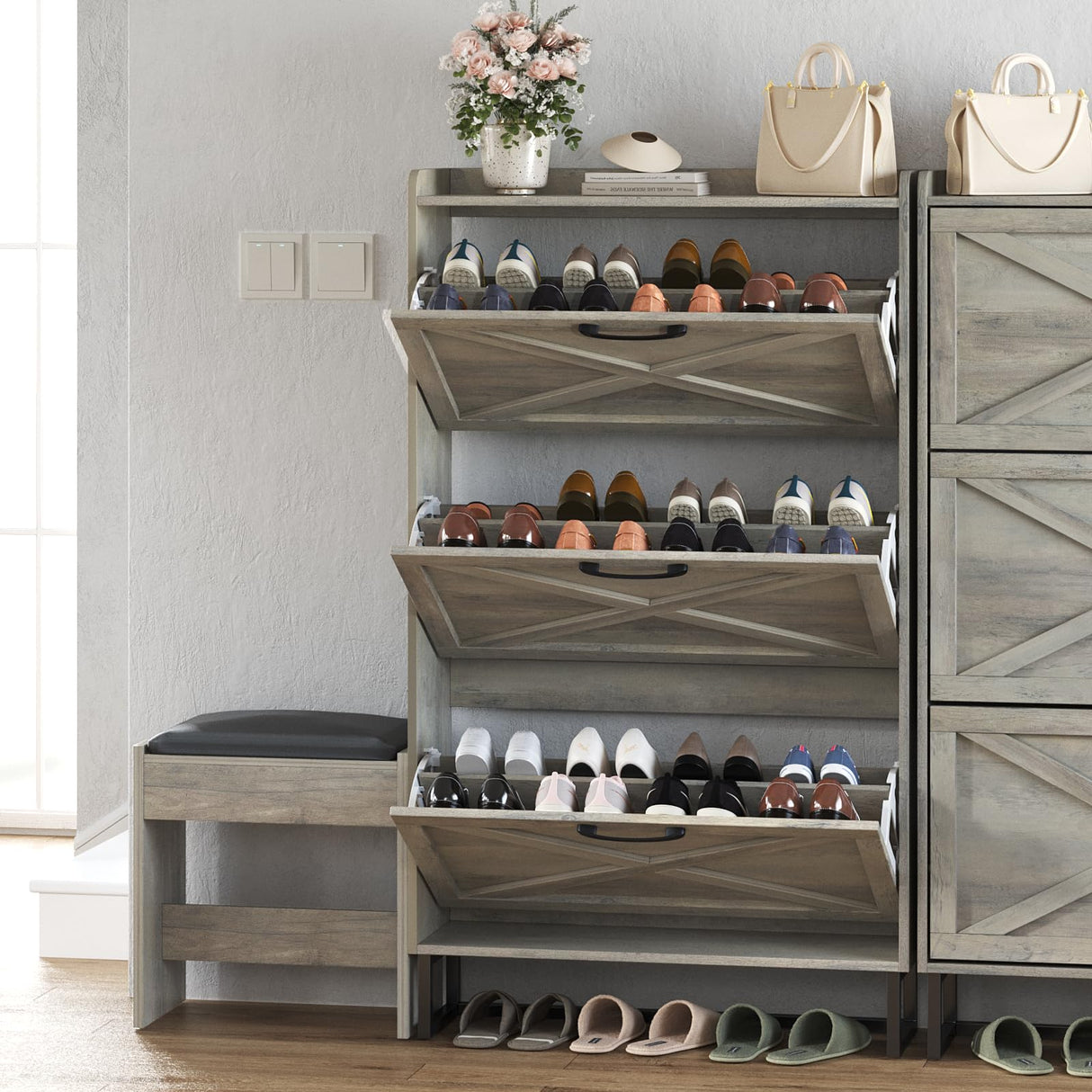 Maupvit Shoe Storage Cabinet with 3 Flip Drawers, Farmhouse Freestanding Organizer with Bench and Seat Cushion, Narrow Slim Shoe Rack Cabinet with Metal Legs for Entryway,Grey Maupvit