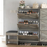 Maupvit Shoe Storage Cabinet with 3 Flip Drawers, Farmhouse Freestanding Organizer with Bench and Seat Cushion, Narrow Slim Shoe Rack Cabinet with Metal Legs for Entryway,Grey Maupvit