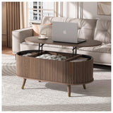 JOINICE 42.5" Oval Lift Top Coffee Table with Storage, Mid Century Modern Walnut Center Table with Fluted Design, Solid Wood Legs & Hidden Compartment, Pop Up Cocktail Table for Living Room JOINICE