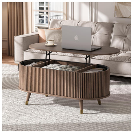 JOINICE 42.5" Oval Lift Top Coffee Table with Storage, Mid Century Modern Walnut Center Table with Fluted Design, Solid Wood Legs & Hidden Compartment, Pop Up Cocktail Table for Living Room JOINICE