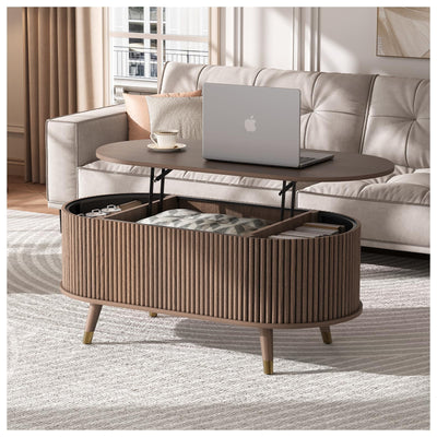 JOINICE 42.5" Oval Lift Top Coffee Table with Storage, Mid Century Modern Walnut Center Table with Fluted Design, Solid Wood Legs & Hidden Compartment, Pop Up Cocktail Table for Living Room