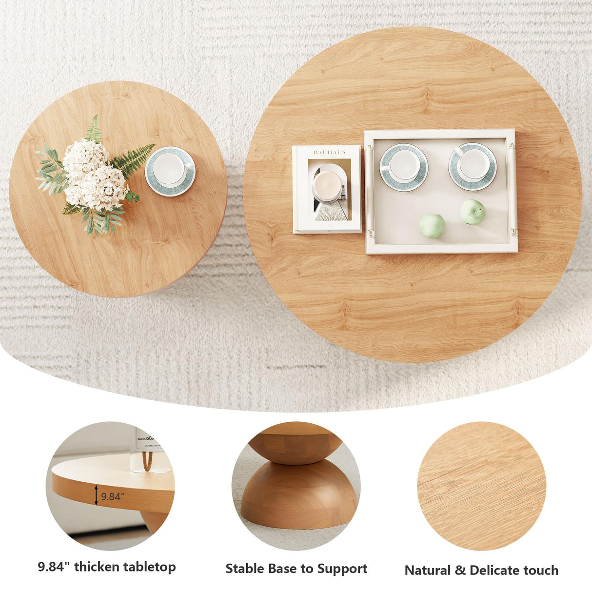 Solid Wood Round Nesting Coffee Table Set of 2, Circle Accent Tables with Unique Semi-Circular Legs, Mid Century Modern Side End Table Set for Small Space Living Room Office (Natural Oak) LEVNARY