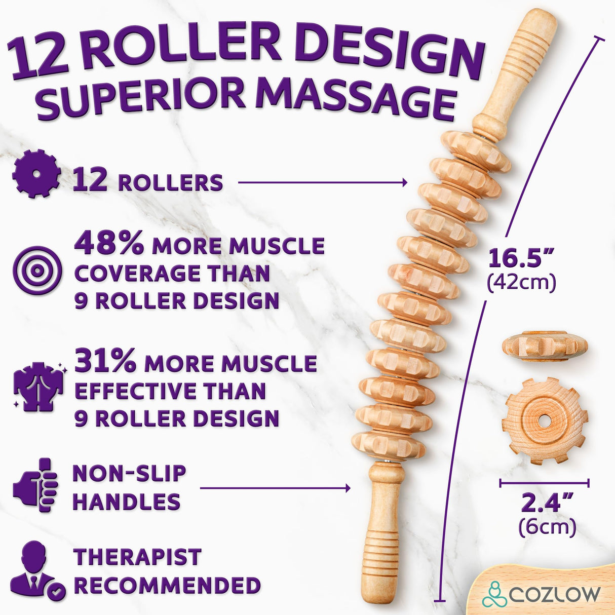 Wooden Massage Roller Stick (12 Rollers) - Curved Wood Therapy Massage Tool for Body Sculpting, Fascia Release & Lymphatic Drainage - Maderotherapy Helps Reduce Cellulite Appearance - by Cozlow COZLOW