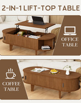 Pulsyeen Oval Coffee Table with Storage, 47.2" Fluted Lift Top Coffee Table with 180° Sliding Tambour Door, Mid Century Modern Center Table for Living Room, Office, Cafe, Walnut Pulsyeen