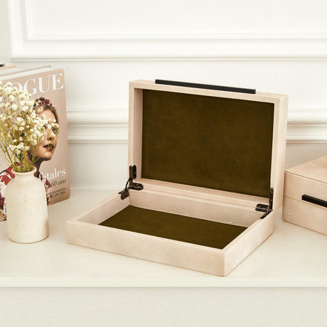 Denique Shagreen Decorative Boxes Set of 2, Leather Jewelry Storage Box Modern Storage Boxes with Lids, Ivory Stacking Boxes with Black Metal Handles Home Organizer Box Denique