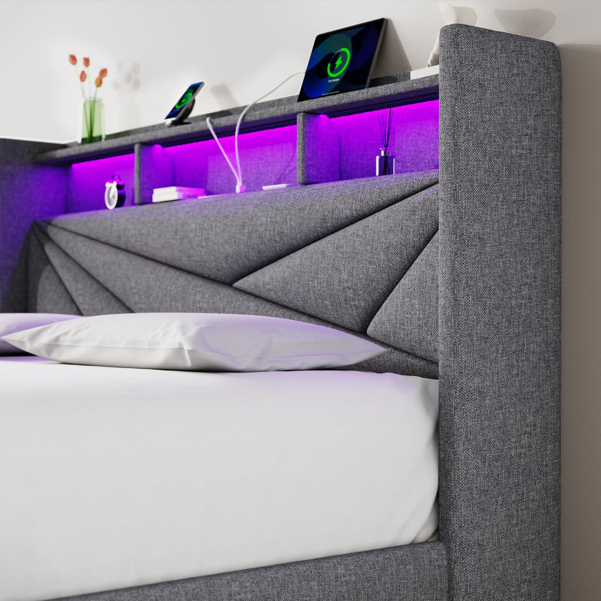 Driftalia Queen Bed Frame with 4 Storage Drawers, Upholstered Bed Frame Queen Size with LED Lights Headboard and Charging Station, No Box Spring Needed, Easy Assembly - Light Grey Driftalia