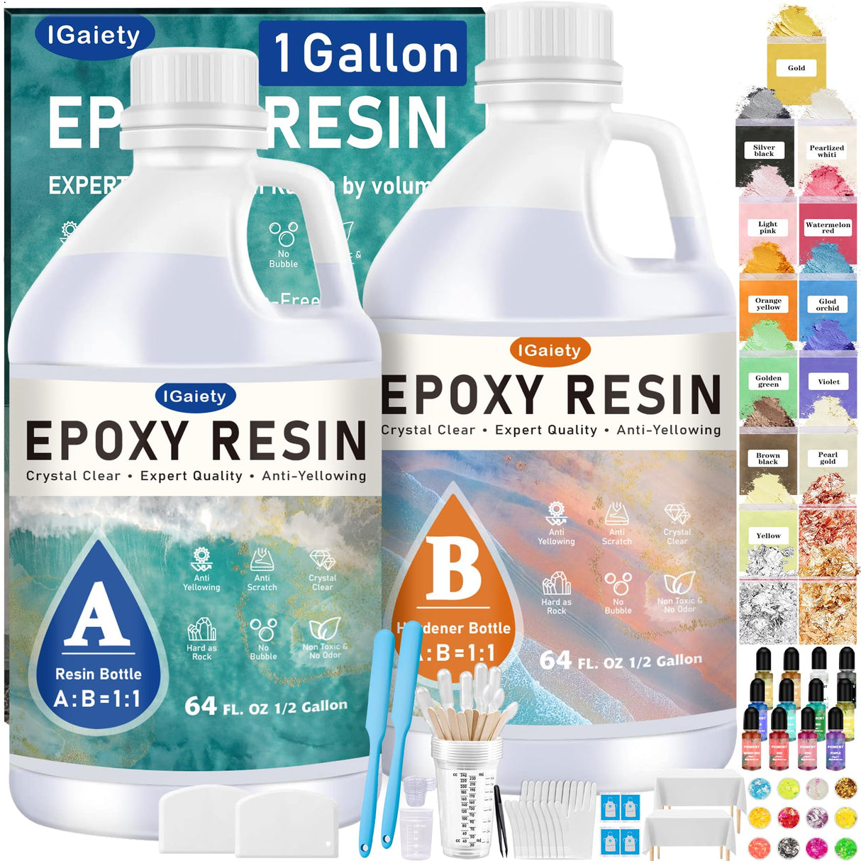 IGaiety 1 Gallon Epoxy Resin, Epoxy Resin Kit, Crystal Clear Resin Kit, No Yellowing Resin Self-Leveling Deep Pour Epoxy Resin High-Glossy Casting Resin Perfect for Crafts, Table Tops(0.5 Gallon x 2) IGaiety