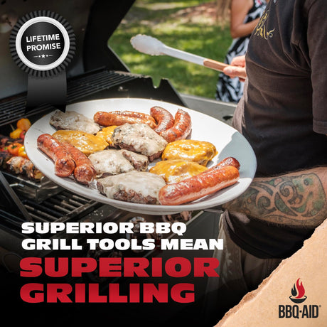 BBQ-AID 3 Piece Grill Set BBQ Accessories - Kitchen Tongs, Metal Spatula & Fork Utensils - Heavy Duty Stainless Steel Barbecue Grill Utensils for Outdoor Grill with Solid Sturdy Wood Handles BBQ-Aid