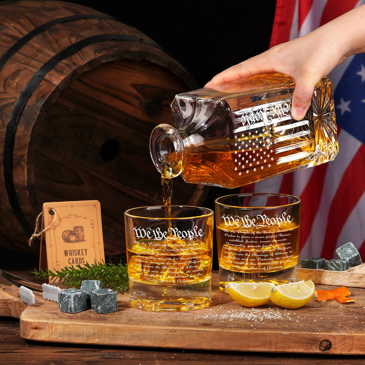 PONPUR Whiskey Decanter Engraved We The People American Flag, 750ml Whiskey Decanter Set with 2 Glasses, Christmas Boss Day Patriotic Birthday Gifts For Men Dad, Liquor Scotch Bourbon Presents PONPUR