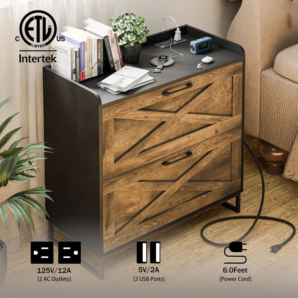 Lateral File Cabinet 2 Drawer File Cabinet with Charging Station, Modern Farmhouse Large Wood Home Office Furniture for Legal/Letter/A4 Size Hanging Files, Rustic Brown and Black Vabches