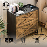Lateral File Cabinet 2 Drawer File Cabinet with Charging Station, Modern Farmhouse Large Wood Home Office Furniture for Legal/Letter/A4 Size Hanging Files, Rustic Brown and Black Vabches