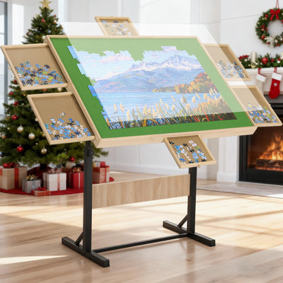 FUNTOK 1500 Piece Puzzle Table with Legs for Adults, Portable Wooden Puzzle Board Table with Drawers, Adjustable Height, 4-Tilting-Angle, Transparent Cover, Non-Slip Felt Surface, Present for Mom