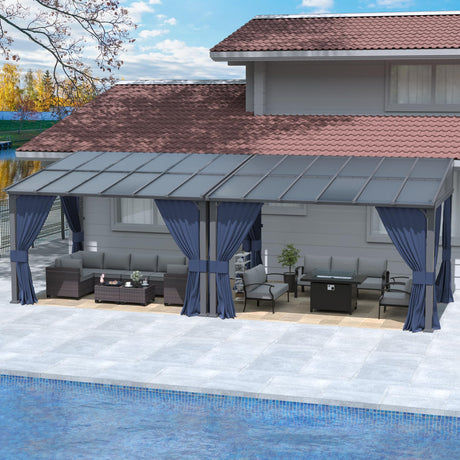 Kurapika 10’ x 24’ Gazebo, Wall Mount Gazebo Outdoor Pergola, Hardtop Lean to Gazebo Canopy Awnings with Sloped Roof and Sturdy Steel Frame, for Patio, Porch, Deck, Backyard(Navy Blue) Kurapika