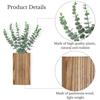 Dahey 2 Pack Wood Wall Planter Vase with Artificial Eucalyptus Farmhouse Wall Hanging Decor Pocket Planter for Indoor Fake Plants Greenery Flowers, livingroom Bedroom Kitchen Home Office Deco - WoodArtSupply