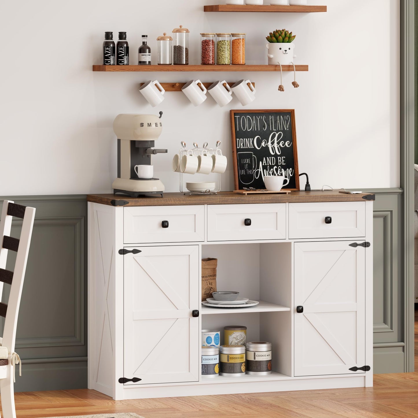 TAGELIER White Farmhouse Buffet Cabinet with Storage, 3 Drawers, 2 Doors, LED Light and Charging Station