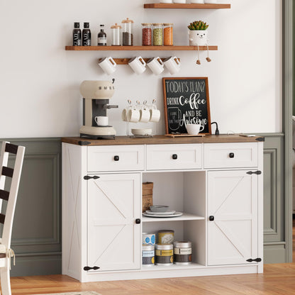 TAGELIER White Farmhouse Buffet Cabinet with Storage, 3 Drawers, 2 Doors, LED Light and Charging Station