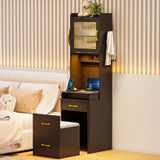 Gurexl 3 in 1 Vanity Desk with Human Sensor LED Light,Tall Makeup Vanity Set with 2 AC Outlets & USB-C,Make Up Vanity Desk with Flip-up Mirror,Jewelry Box,Cushioned Tool,2 Drawer,Bedroom Gurexl