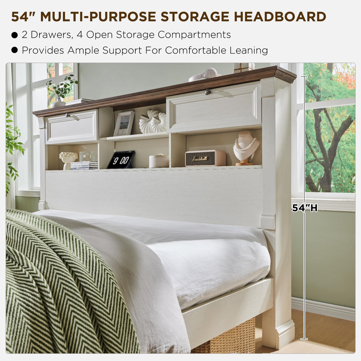T4TREAM Farmhouse King Size Bed Frame with 54" Tall Headboard, Wood Platform Bed Frame with 18" Tall Roman Column Decoration Footboard & 2 Large Storage Drawers, No Box Spring Needed(Antique White) T4TREAM