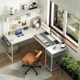 Yoobure L Shaped Desk Gaming Desk with LED Strip & Power Outlet, Reversible L-Shaped Computer Desk with Storage Shelf & Drawer, Corner Desk with Storage Bag, 2 Person Home Office Desk, White Yoobure
