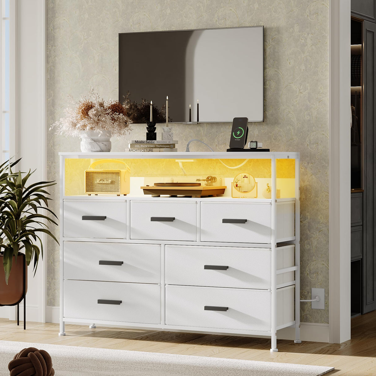 NASHZEN Dresser TV Stand with 7 Drawers, Dresser TV Stand with LED Lights & Power Outlets, Bedroom Dresser, Chest of Drawers up to 45'' Long TV, Wide Fabric Dresser with Open Shelf (White) NASHZEN