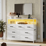 NASHZEN Dresser TV Stand with 7 Drawers, Dresser TV Stand with LED Lights & Power Outlets, Bedroom Dresser, Chest of Drawers up to 45'' Long TV, Wide Fabric Dresser with Open Shelf (White) NASHZEN