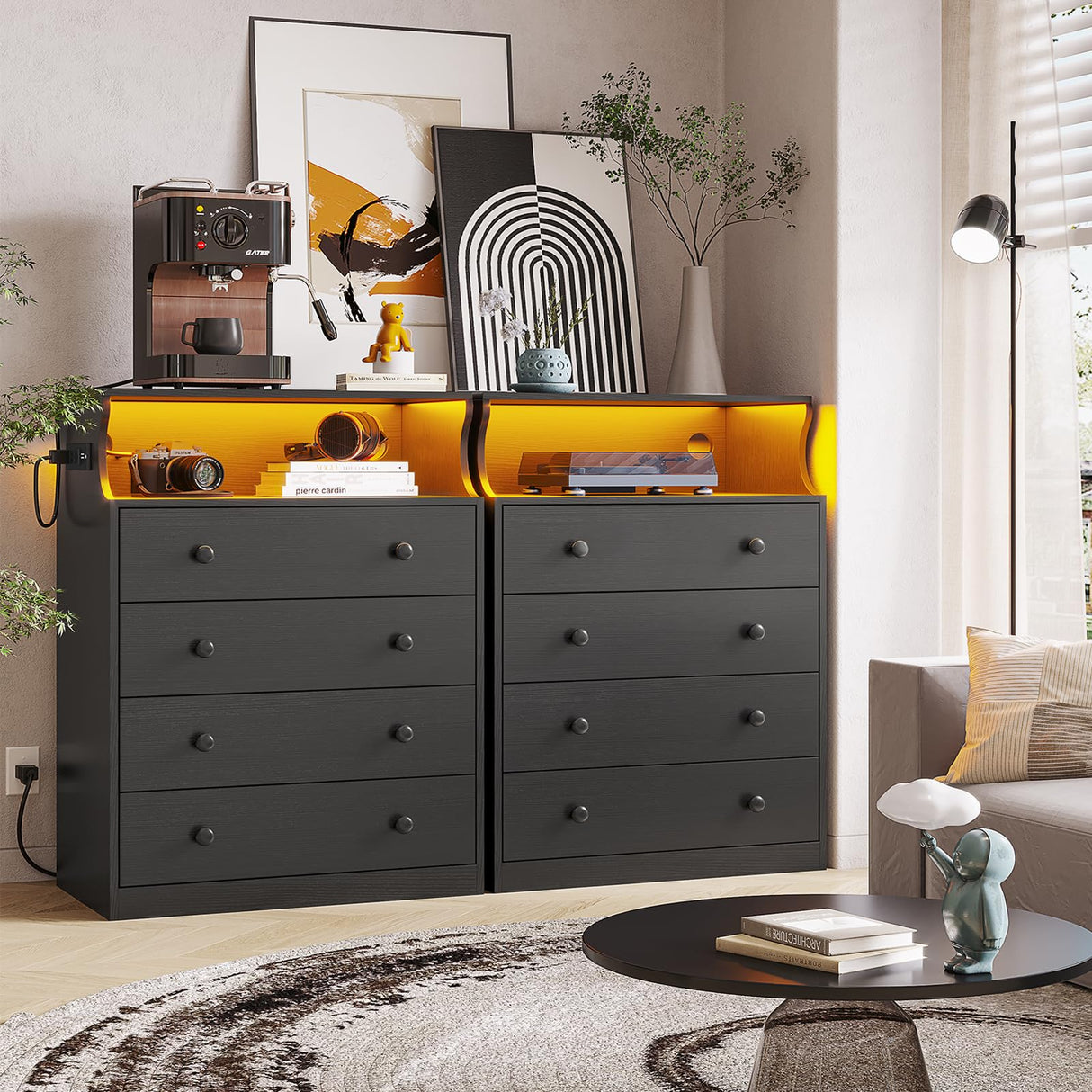 Hasuit Black Dresser with Charging Station, 4 Drawers LED Dresser for Bedroom, Chest of Drawers with Open Space, Large Capacity Tall Storage Cabinet, Black Dresser for Bedroom Hasuit