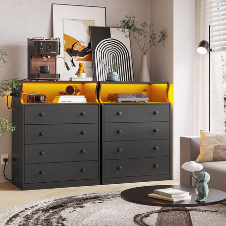 Hasuit Black Dresser with Charging Station, 4 Drawers LED Dresser for Bedroom, Chest of Drawers with Open Space, Large Capacity Tall Storage Cabinet, Black Dresser for Bedroom Hasuit