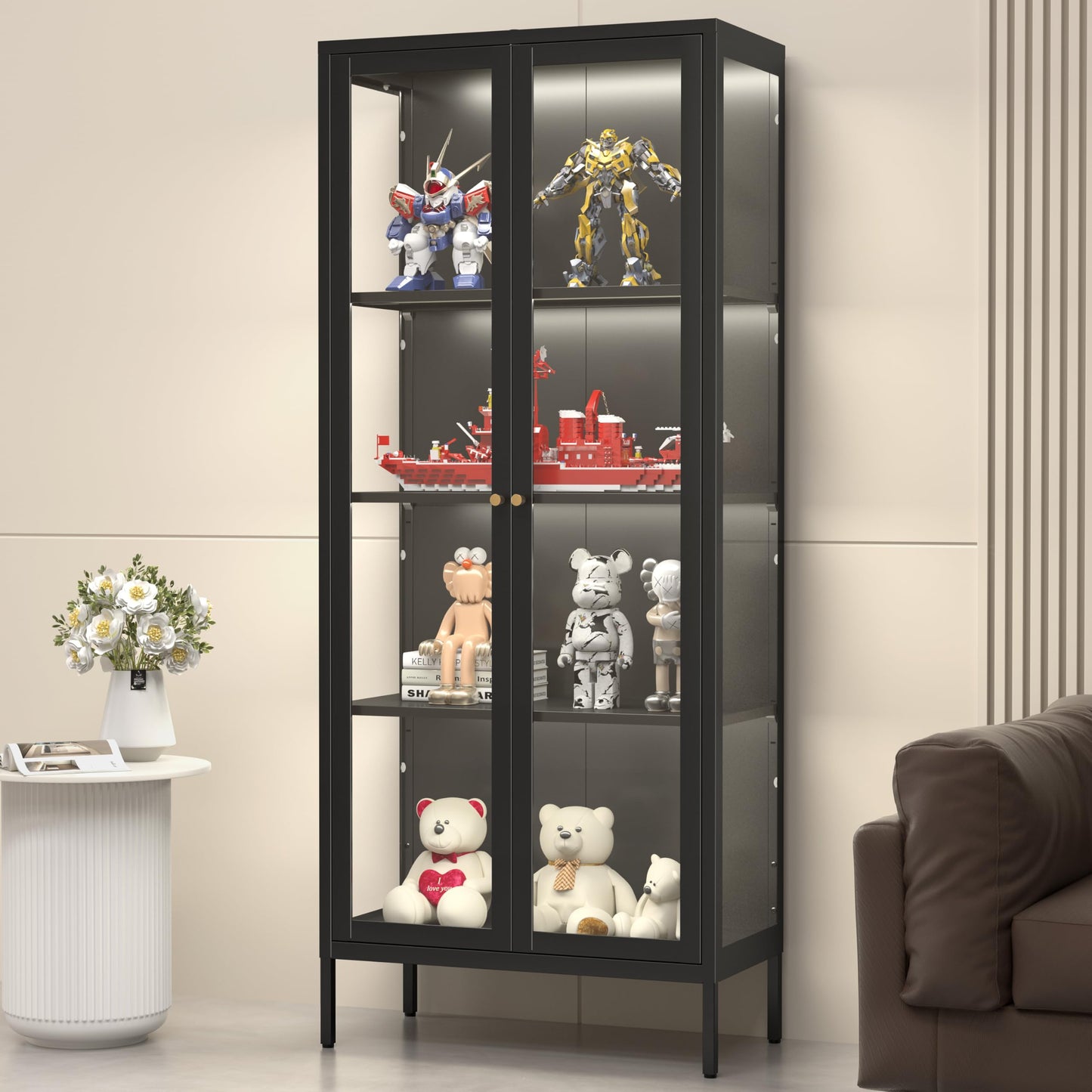 SteeLoong Glass Display Cabinet with 3 Color Lights,66”Metal Black Display Cabinet with Glass Doors and 3 Adjustable Shelves,Curio Display Case for Livingroom,Office