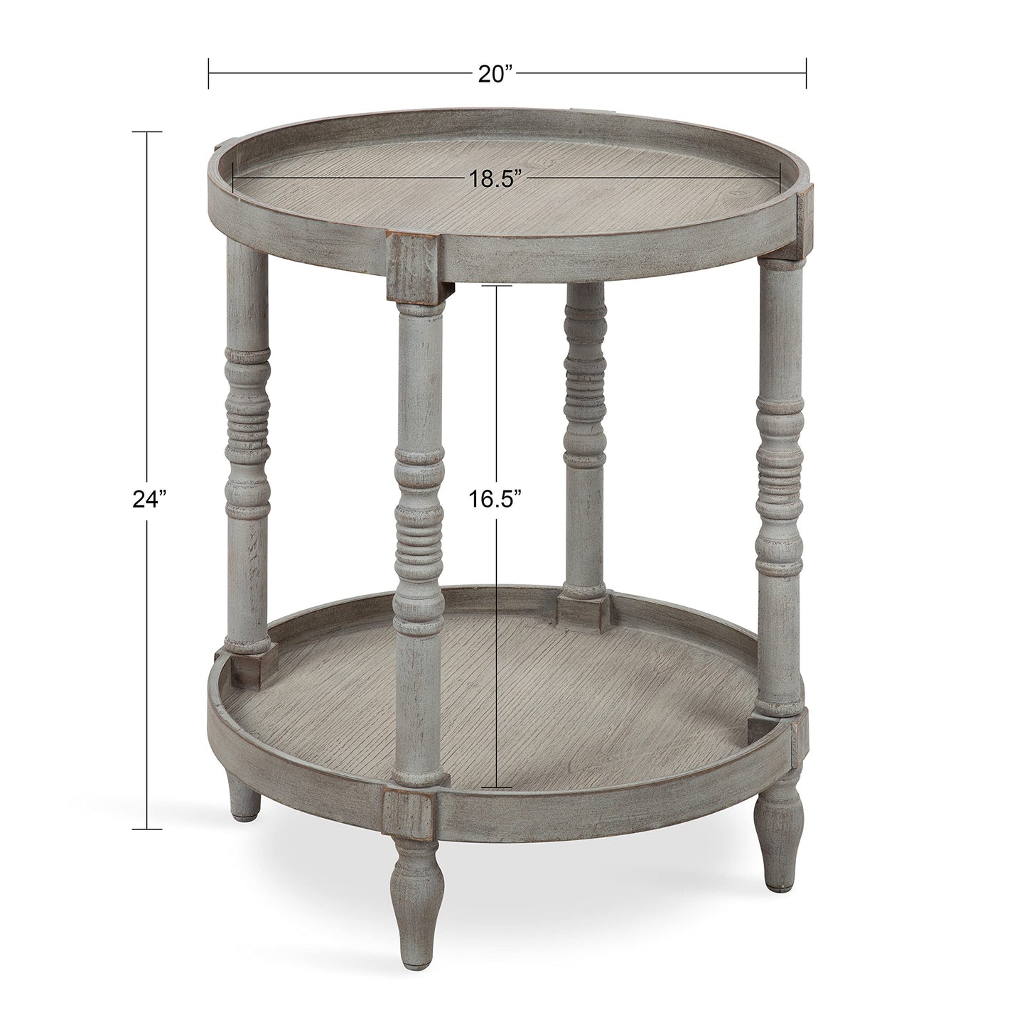 Kate and Laurel Bellport Shabby Chic Round Side Accent Table or Plant Stand with Turned Legs and Lower Shelf, Distressed Gray Finish - WoodArtSupply