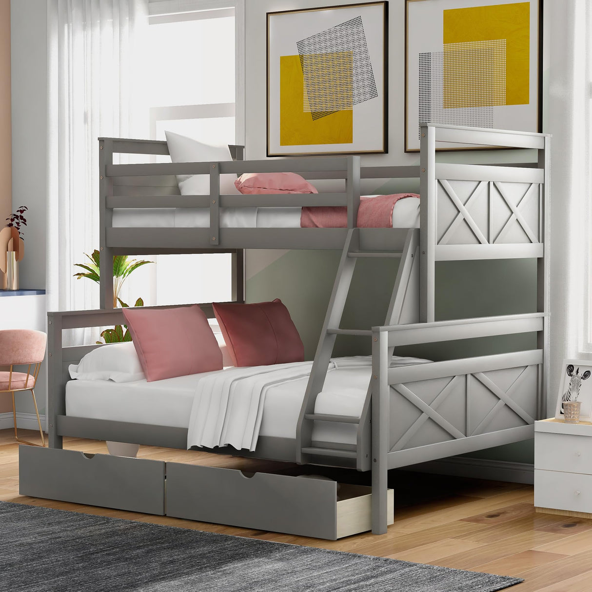 Merax Grey Twin Over Full Bunk Bed with Storage Drawers, Ladder and Guardrail, Convertible Design Merax
