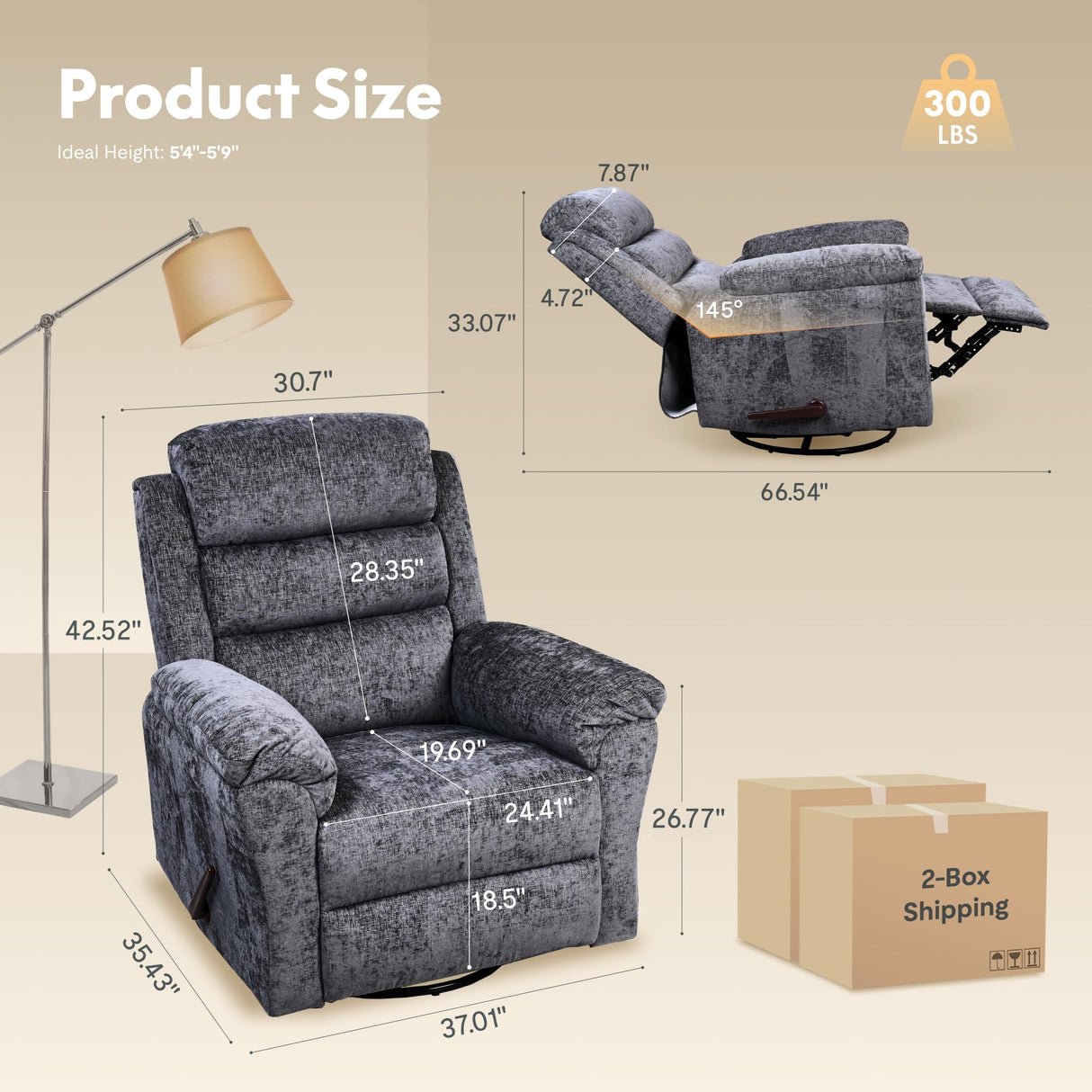 Softa Classic Swivel Rocker Recliner Chair for Adults with Handle, Massage Rocker Recliner, 360° Swivel Glider Nursery Chair with Premium Chenille, High Back, Living Room Bedroom Nursery (Gray) Softa