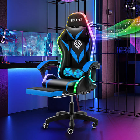 HOFFREE Gaming Chair Massage with Bluetooth Speakers and Led Lights Ergonomic Computer Gaming Chair with Footrest RGB Video Game Chair with High Back Lumbar Support Blue and Black HOFFREE