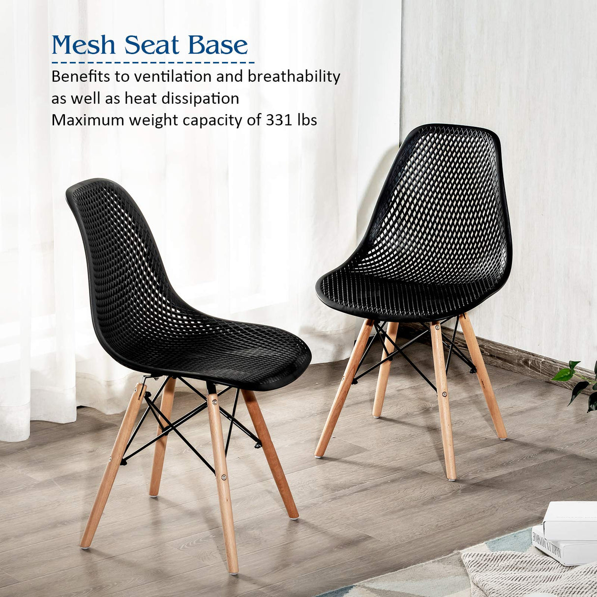 Giantex Set of 4 Modern Dining Chairs, Outdoor Indoor Shell PP Lounge Side Chairs with Mesh Design, Beech Wood Legs, Tulip Leisure Chairs, DSW Dining Chairs for Kitchen, Dining Room, Black Giantex