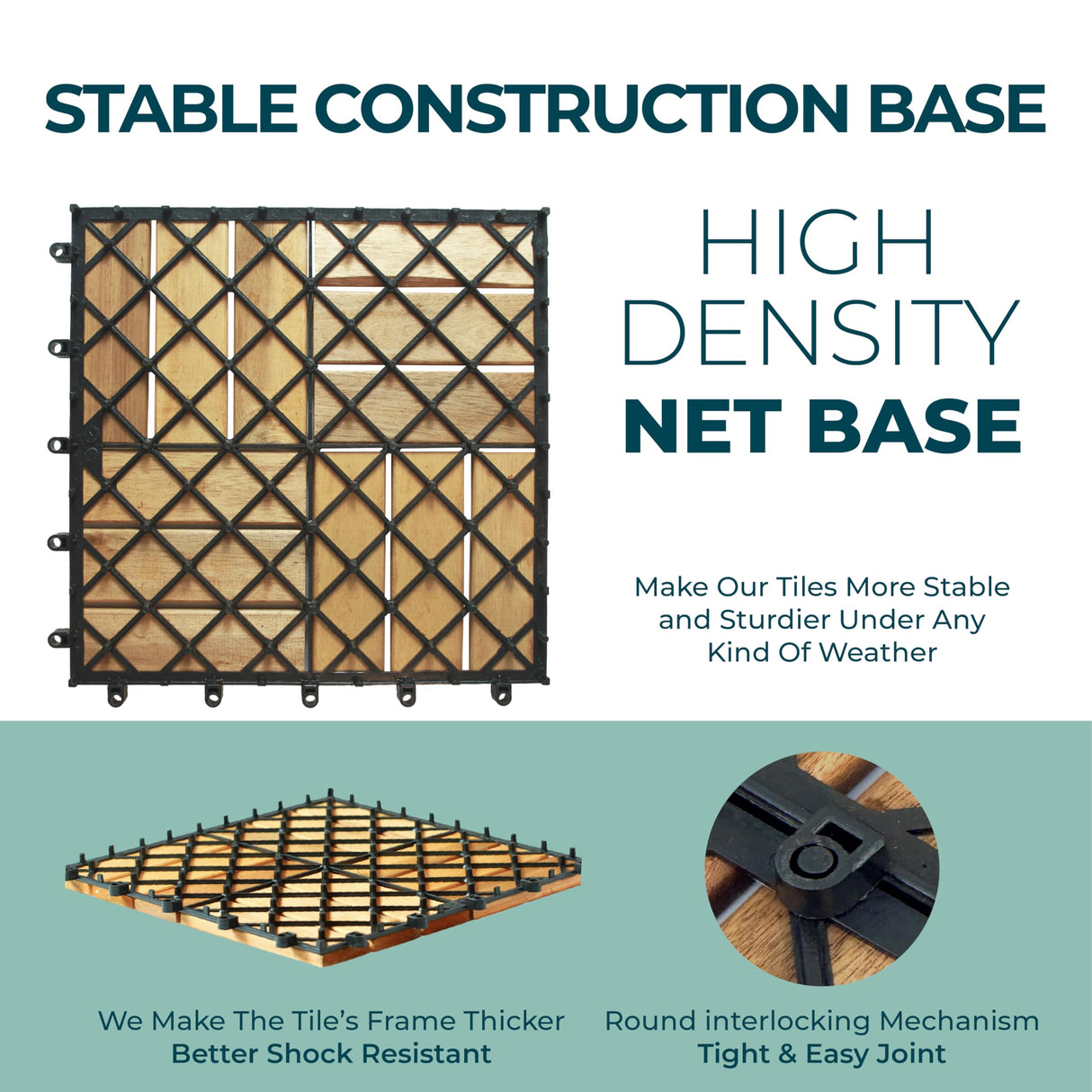 CLOVERHOLM Interlocking Deck Tiles - Waterproof 12”x12” Acacia Wood Tiles, Patio Tiles for Indoor and Outdoor, Garden, Roof Terrace Tiles, 12 Slats Checker Pattern (10Pcs, Teak, 12x12 inches) CLOVERHOLM