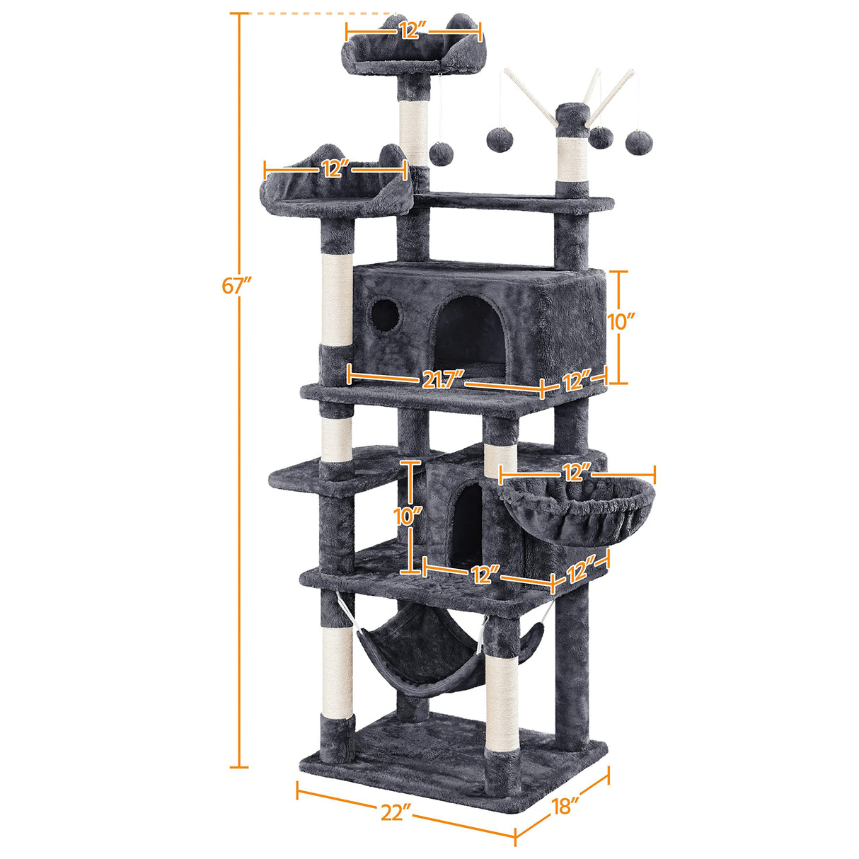 Yaheetech Cat Tree, 67in Cat Tower for Indoor Cats, Multi-Level Cat Condos with 3 Removable Cat Teaser Sticks, Activity Center Furniture Climbing Tower w/Scratching Posts, Hammock, Basket Yaheetech