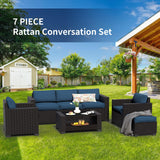 7 Piece Patio Furniture Set, Wicker Outdoor Sectional Sofa with Washable Cushion Covers and Tempered Glass Table, Rattan Conversation Set for Poolside (Black Rattan + Prussian Blue, 7 pcs) SHGJ&SOFT