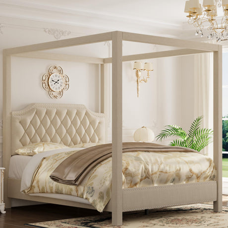 GAOMON Queen Canopy Bed Frame with Upholstered Headboard, Four Poster Design, Button Tufted, and Slide Rail, No Box Spring Required, Wooden Slatted Structure, Beige GAOMON