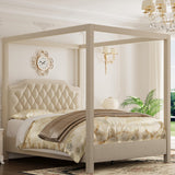 GAOMON Full Canopy Bed Frame with Upholstered Headboard, Four Poster Design, Button Tufted, and Slide Rail, No Box Spring Required, Wooden Slatted Structure, Beige GAOMON