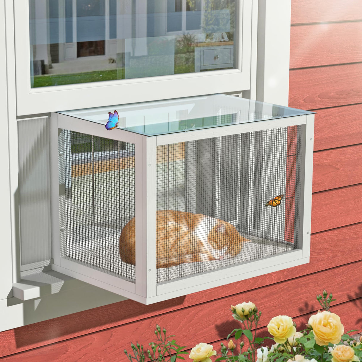 Cat Window Box, Universal Cat Window Perch Catio with Waterproof Transparent Top Fits Double Hung Frames 24" to 42.5" Wide, for Sunbathing, Napping & Nature Viewing GDLF