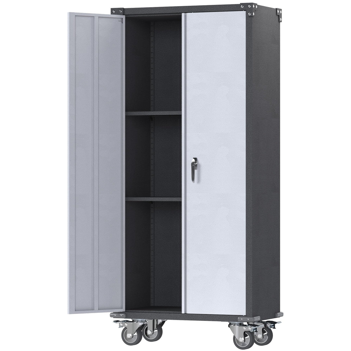 JAORD Metal Garage Storage Cabinet with Hanging Rod, Broom Closet Storage Cabinet, 71" Tall Rolling Tool Storage Cabinet with Locking Doors and Shelves JAORD