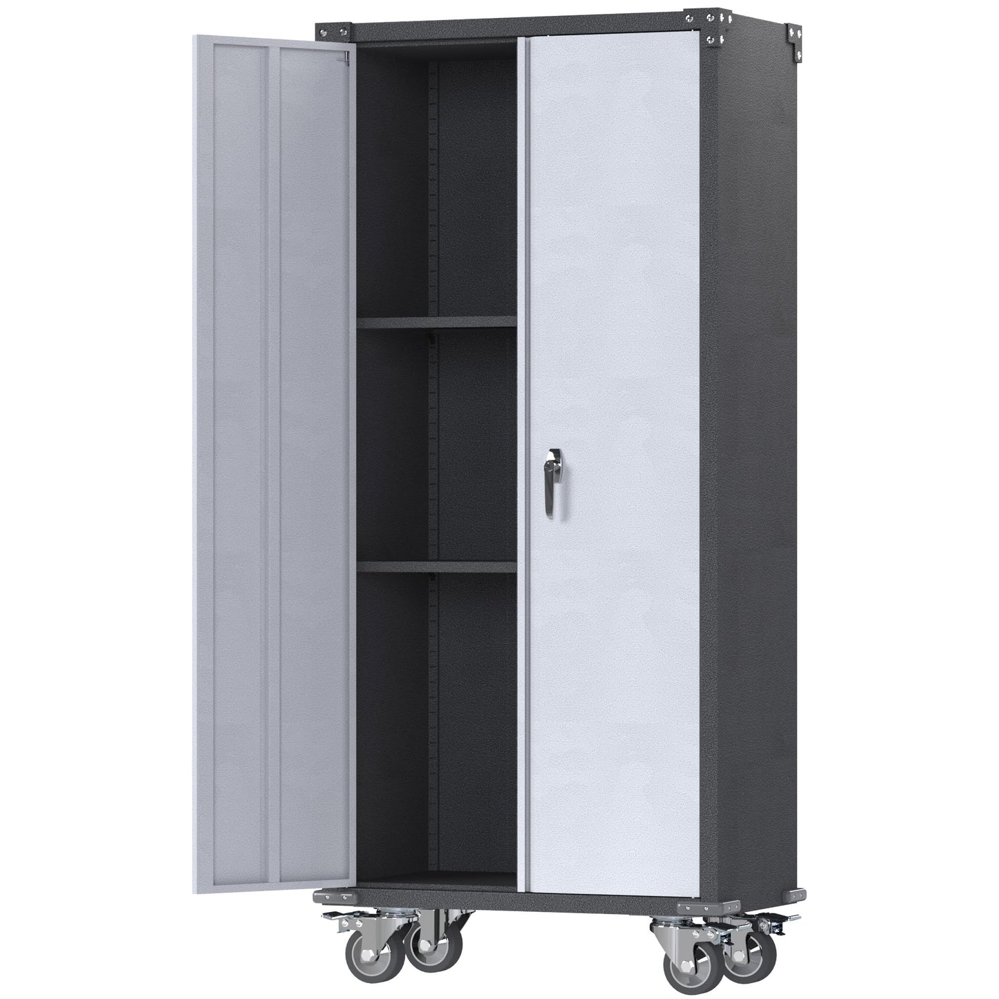 JAORD Metal Garage Storage Cabinet with Hanging Rod, Broom Closet Storage Cabinet, 71" Tall Rolling Tool Storage Cabinet with Locking Doors and Shelves