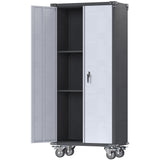 JAORD Metal Garage Storage Cabinet with Hanging Rod, Broom Closet Storage Cabinet, 71" Tall Rolling Tool Storage Cabinet with Locking Doors and Shelves JAORD