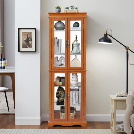 nifoti 70" H Lighted Curio Cabinet Display Case, Glass Curio Cabinets with Adjustable Shelves and Tempered Glass Door, Wooden Cabinet w/Mirrored Back Pane for Living Room (Oak) nifoti