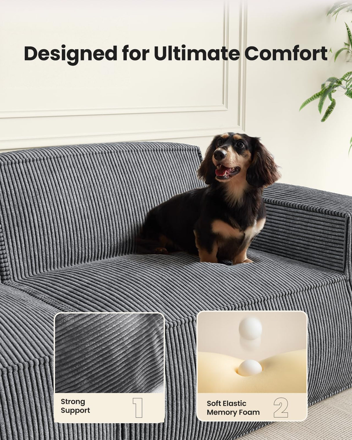 Amada 80" L Shaped Sofa Modular, Corduroy Clopud Couches with Deep Seats &High-Back, Upholstered Couches for Living Room Bedroom with Ottoman, No Assembly Required(2-Seater&1 Ottoman,Grey) AMADA HOMEFURNISHING