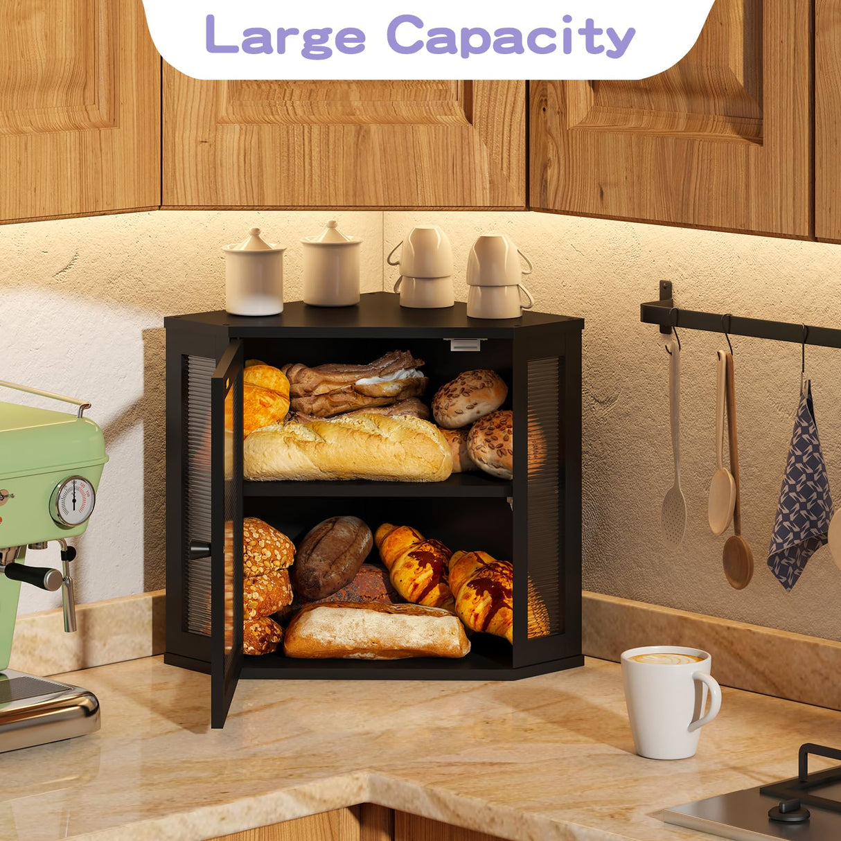 Wieghda Corner Bread box for Kitchen Countertop,Farmhouse Bread Box with Acrylic Wavy Door Panel,Large Bread box for kitchen countertop,Kitchen Countertop Food Storage Container (Black, Meduim) Wieghda