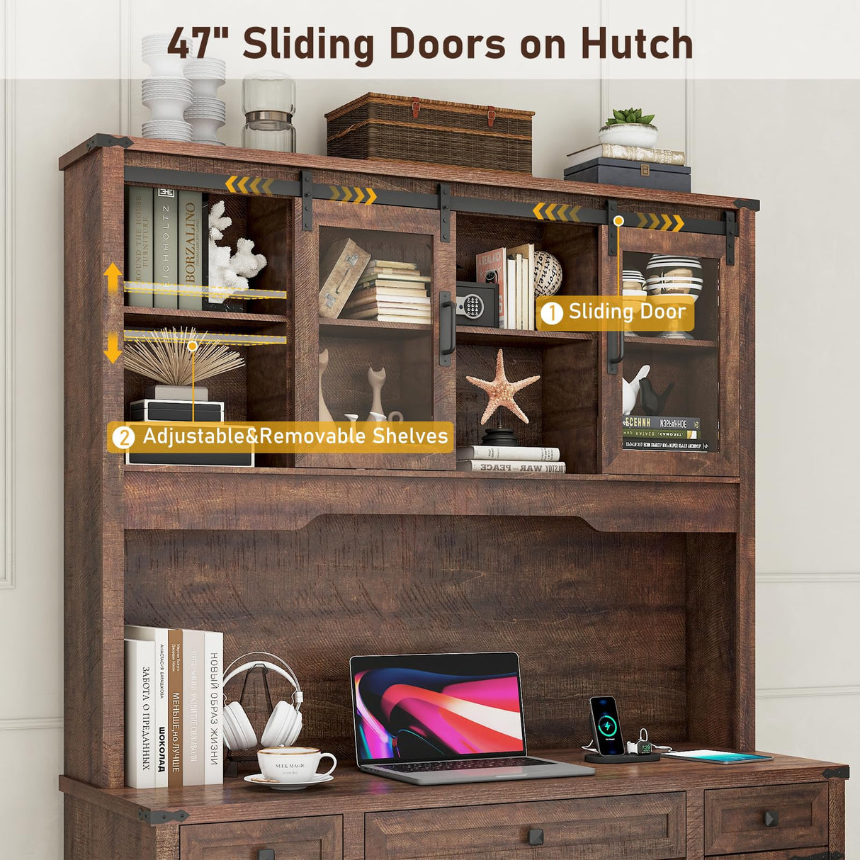 Hlivelood 76" Height Farmhouse Desk with Sliding Door Hutch, Wood Office Executive Workstation Computer Desk with Charging Station, Drawers and Storage Cabinet, for Work, Sturdy, Game, Brown Hlivelood