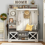 chartustriable 75''H LED Farmhouse Hall Tree with Bench and Shoe Storage,Entryway Bench with Coat Rack,16 Shoe Cubbies & Umbrella Holder and Sock Storage Drawer,Mudroom/Hallway Storage Cabinet(White) chartustriable