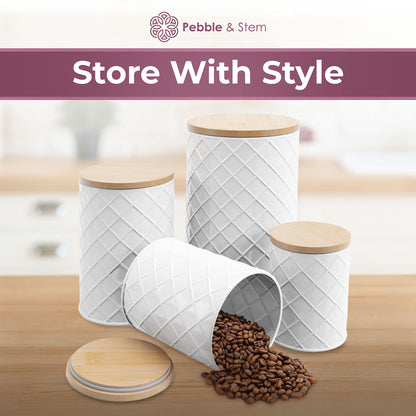 Pebble & Stem White Metal Canisters Sets for the Kitchen Counter, Kitchen Canisters Set of 4, Airtight Lids,Sugar and Flour Containers for Countertop, Coffee and Tea Storage, Farmhouse Decor