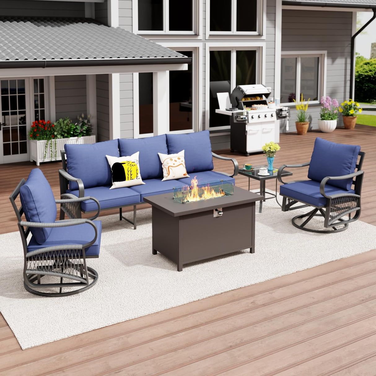 Xmkmvk 5 Piece Patio Furniture Set with 50000 BTU Propane Fire Pit Table, All-Weather Outdoor Conversation Set with 2 Swivel Chairs, Sofa and Thick Cushions for Garden, Porch, Lawn, Blue Xmkmvk