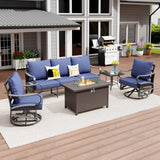 Xmkmvk 5 Piece Patio Furniture Set with 50000 BTU Propane Fire Pit Table, All-Weather Outdoor Conversation Set with 2 Swivel Chairs, Sofa and Thick Cushions for Garden, Porch, Lawn, Blue Xmkmvk